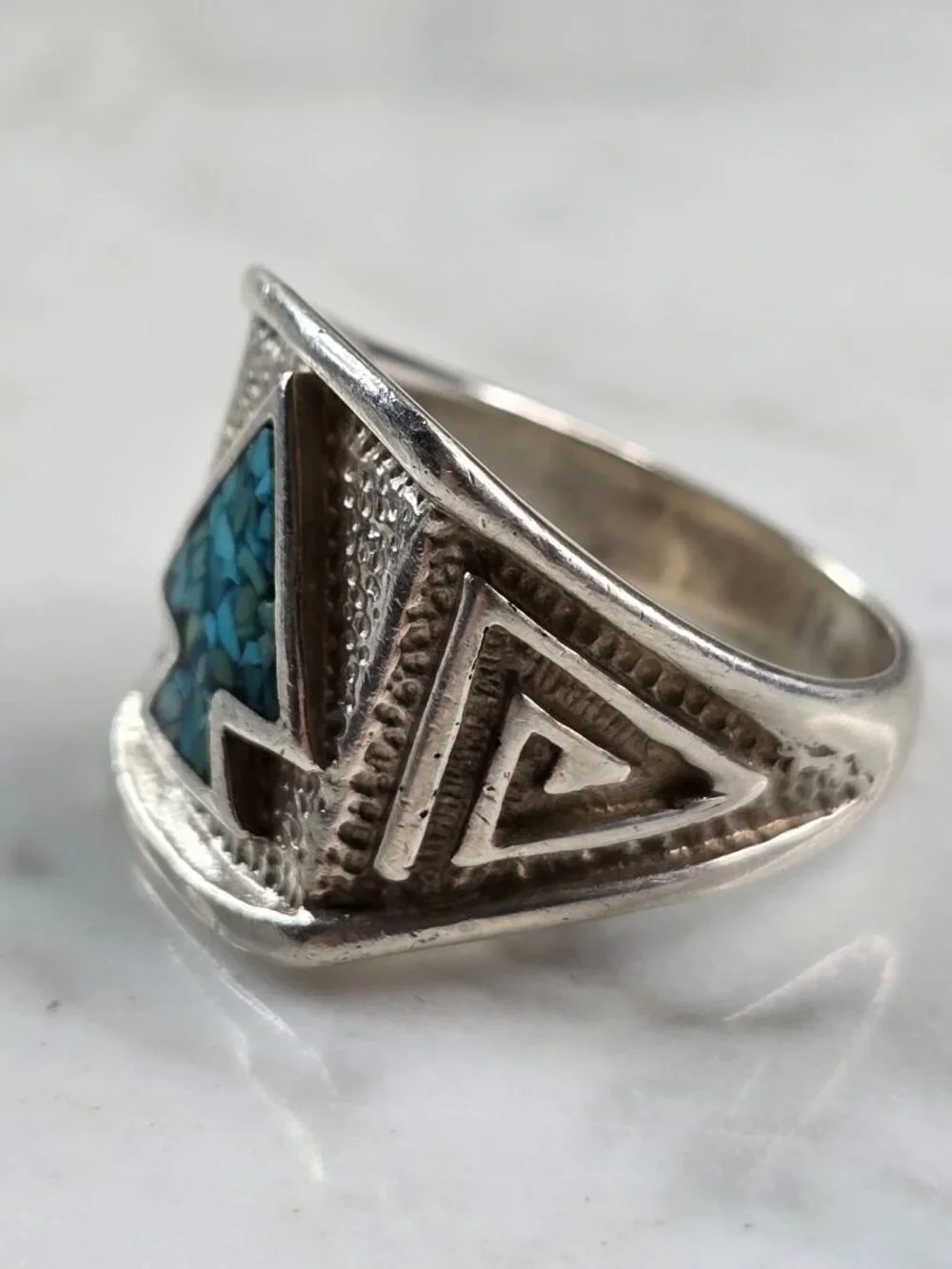 Mens Vintage Estate Sterling Silver Mosaic Turquoise Arrowhead Ring 13.4g E5552